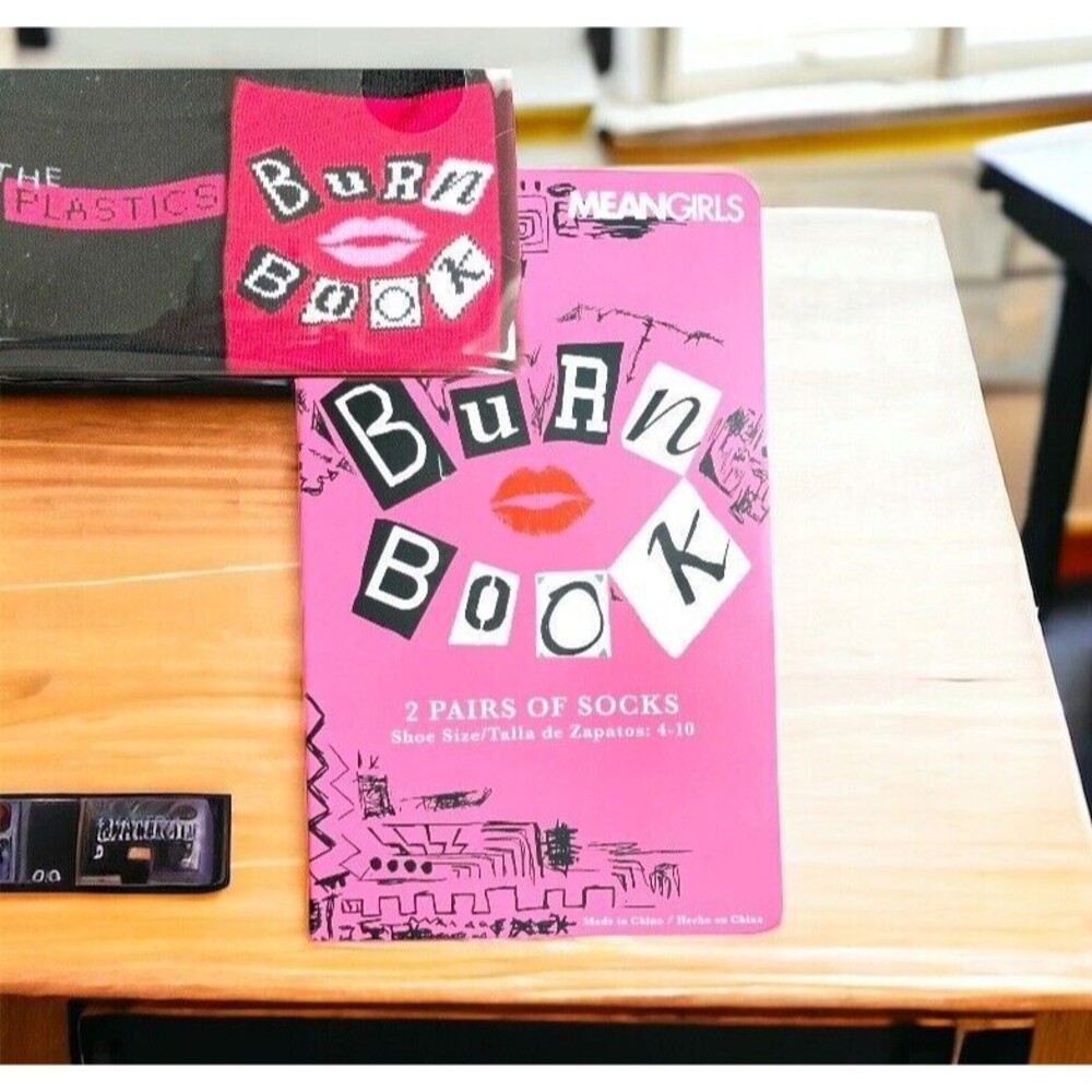 New MEAN GIRLS Socks in Faux Burn Book 2pr Crew Socks Fits Shoe Size 4-10